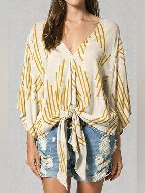 Anthropologie By Together Cream & Brown Tie Front Blouse Size L